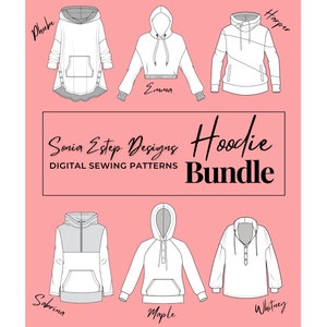 May include: A digital sewing pattern bundle for hoodies, featuring six different styles: Phoebe, Emma, Harper, Sabrina, Maple, and Whitney. The patterns are available for download and can be used to create your own custom hoodies.