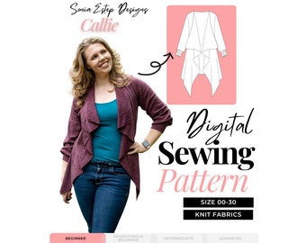Könnte beinhalten: Ein digitales Schnittmuster für einen Strickcardigan namens "Callie" in den Größen 00-30. Das Schnittmuster enthält eine Strichzeichnung des Cardigans und ein Foto einer Frau, die einen ähnlichen Cardigan trägt.