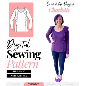 Charlotte Women&#39;s Ruffle Top Sewing Pattern, Keyhole Back Digital Sewing Pattern
