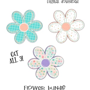 May include: A set of three digital flower clipart images. The flowers are in a pastel color scheme with a variety of patterns, including polka dots, stars, and plaid. The text "Get All 3!" is included in the image. The text "Flower Bundle Blanks by Miki" is also included in the image.