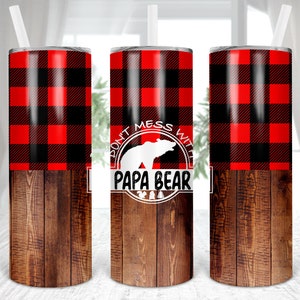 Papa Bear, xadrez de búfalo, sublimação, reto e cônico, digital, PNG, design, download, copo magro de 20 onças, modelo