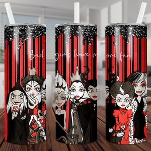 Las chicas malas se divierten más, villanos, sublimación, recto y cónico, digital, PNG, diseño, solo descarga, 20 onzas, delgado, vaso, envoltura, taza
