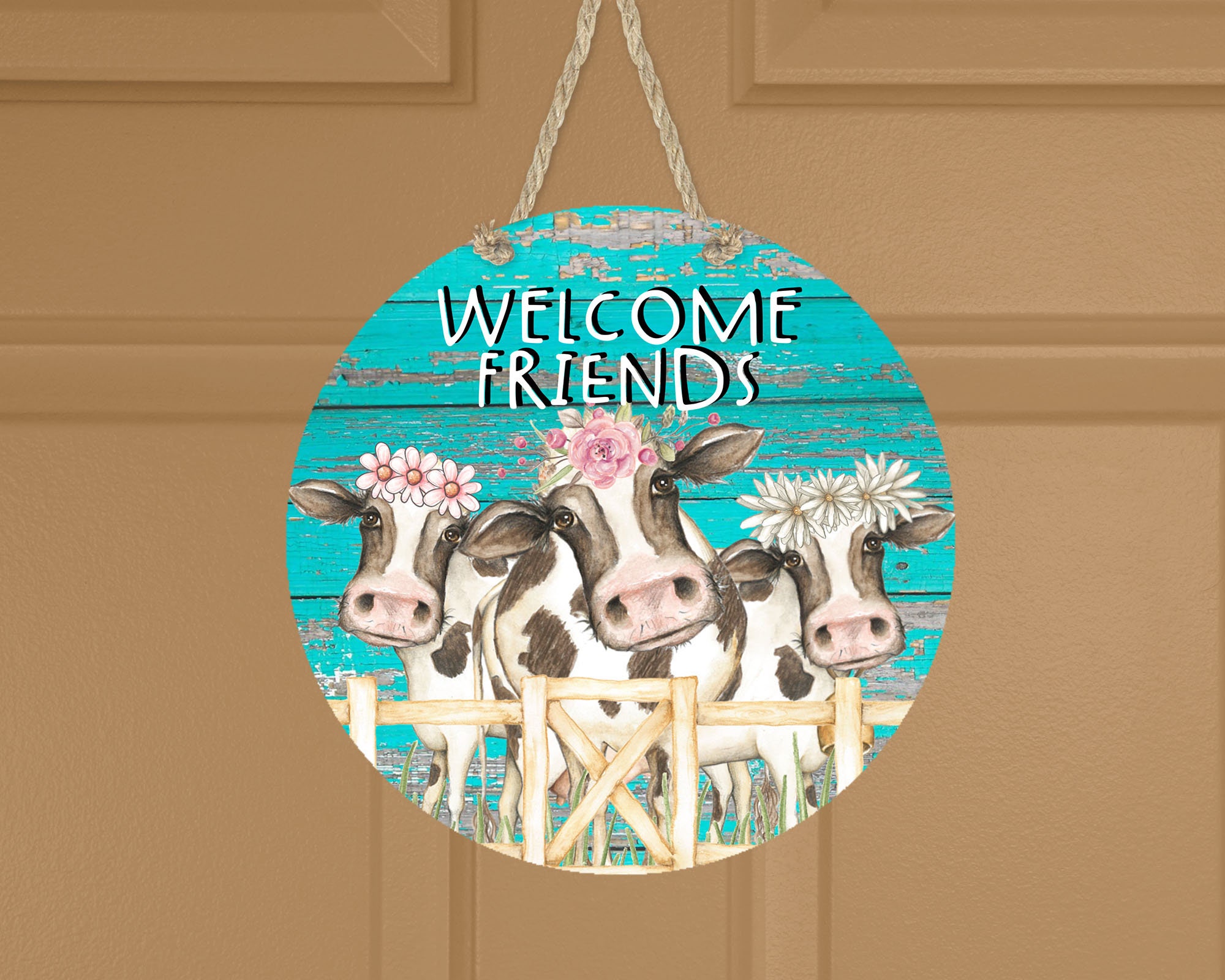 Hello Friend Cow Welcome Friends Cow Door Hanger: Floral Wreath PNG Design (digital ...
