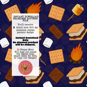 May include: A seamless pattern design featuring s'mores, graham crackers, chocolate bars, marshmallows, and campfires on a dark blue background. The image includes text that reads "INSTANT DOWNLOAD SEAMLESS PATTERN FILE".