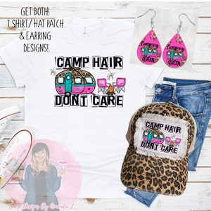 May include: A white t-shirt with a pink and blue camper van graphic and the text "Camp Hair Don't Care". A matching hat with the same graphic and text is also shown. Two pink and blue camper van earrings with the text "Camping Queen" are also included.