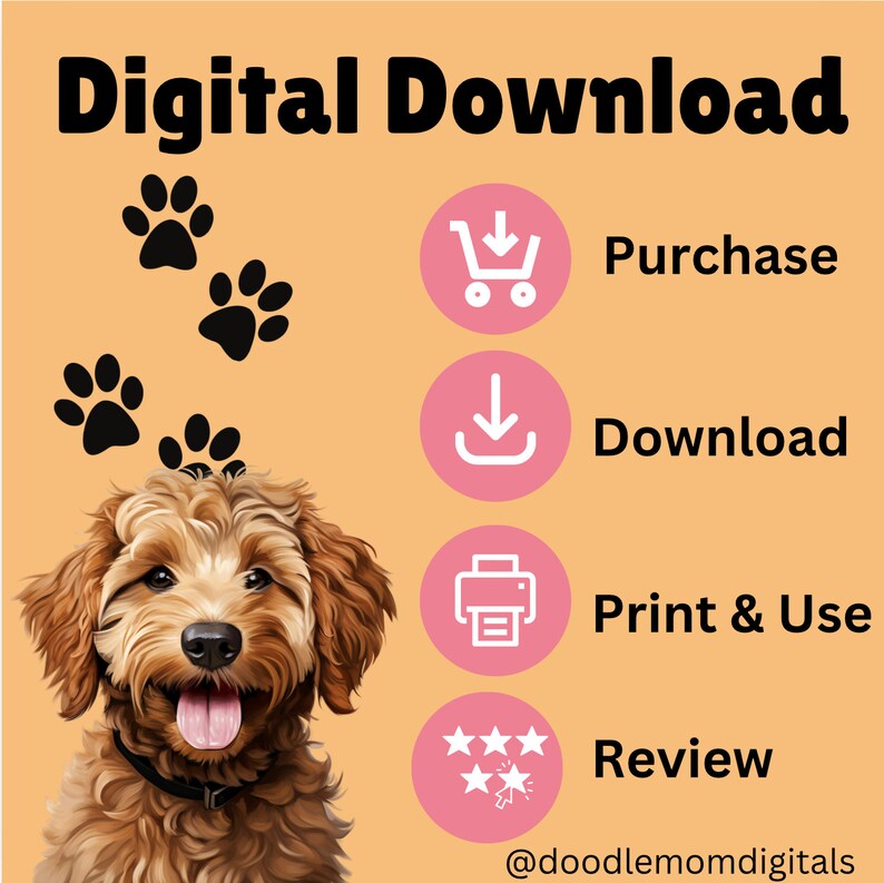 Pu&ograve; includere: Illustrazione di download digitale con un carino cane marrone e bianco. L'illustrazione include istruzioni per acquistare, scaricare, stampare e recensire il file digitale. Il testo "@doodlemomdigitals" &egrave; incluso nella parte inferiore dell'immagine.