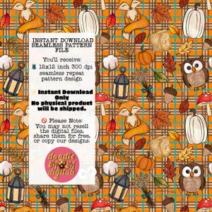May include: A digital seamless pattern file featuring a repeating design of autumn elements. The pattern includes foxes, pumpkins, leaves, owls, and lanterns on a plaid background. The text on the image says "Instant Download Seamless Pattern File".
