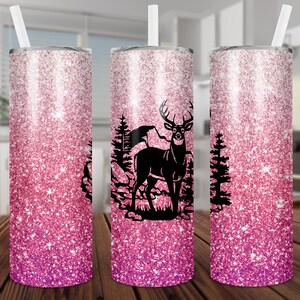 Hirsch, Holzmaserung, Buck, Jäger, Jagd, Mädchen, Pink, Glitter, Becher, Wrap, Sublimation, Nur Download, Design, PNG, 20 Unze, Skinny, Tasse
