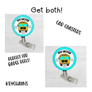May include: Two badge reels with a blue and white polka dot background. The badge reels feature a yellow school bus with the text "Bus Driver" and the words "Early Rising, Safe Driving, Always Smiling".