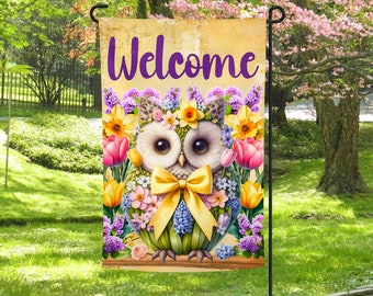 Floral Owl Welcome Garden Flag: Spring Flowers PNG (Digital Download)