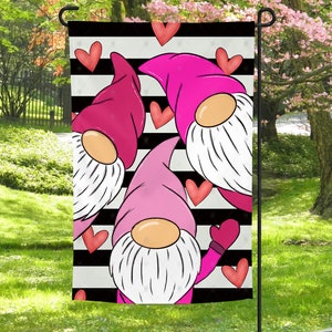 Gnome, Garden Flag, Stripes, Valentine;’s Day, Hearts, Pink, Outdoor, Decoration, Holiday, Digital, PNG, Design, Download, Gift, Sublimation