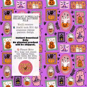 May include: A seamless Halloween pattern file with a purple background. The design features framed illustrations of pumpkins, ghosts, black cats, witch hats, and floral elements. The text reads "INSTANT DOWNLOAD SEAMLESS PATTERN FILE".