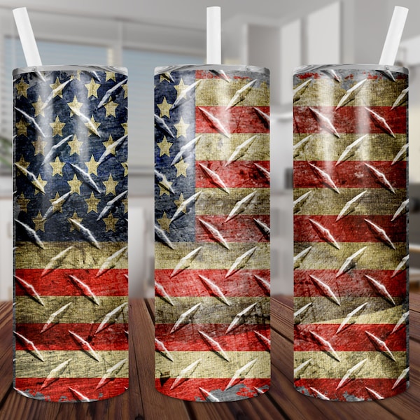 Distressed, American Flag, Diamond Plate, Straight & Tapered, Sublimation, Digital, PNG, Design, Download, 20 oz Skinny Tumbler, Wrap