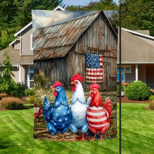 Poulet, vintage, patriotique, juillet, grange, ferme, été, drapeau de jardin, sublimation, numérique, PNG, conception, téléchargement, extérieur, conception de drapeau, cour