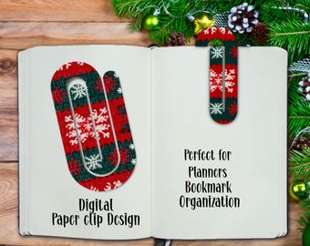 Op de afbeelding: Een digitaal paperclip-ontwerp met een rood, groen en wit sneeuwvlokkenpatroon. De paperclip wordt getoond open en gesloten. De tekst "Digital Paper Clip Design" staat onder de open paperclip. De tekst "Perfect voor Planners Bookmark Organisatie" staat onder de gesloten paperclip.