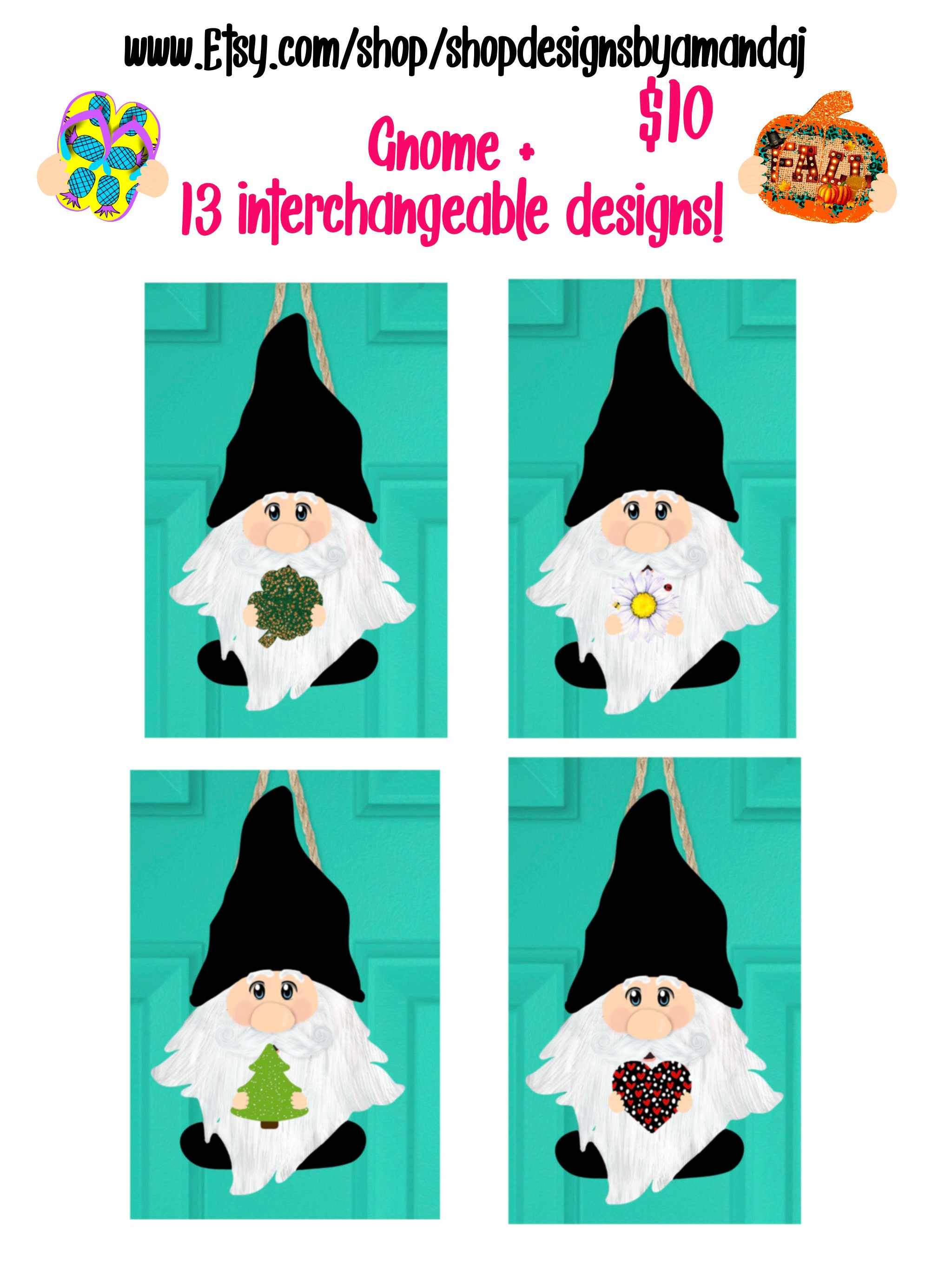 13 Designs Sublimation Gnome Interchangeable Bundle Download Design Digital,PNG Christmas Tree Door Hanger Sunflower Flip Flops