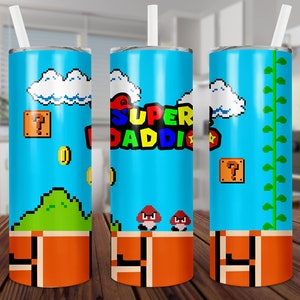 Pai, Super Daddio, videogame, Mario, sublimação, reto, toboágua, digital, PNG, design, download, copo magro de 20 onças