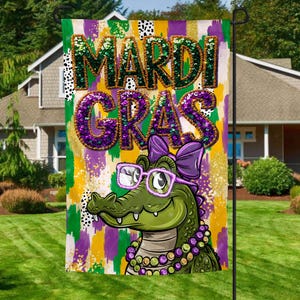Design de bandeira de jardim de Mardi Gras, miçangas, Nova Orleans, Louisiana, decoração, bandeira de jardim, sublimação, digital, PNG, design, download, fevereiro