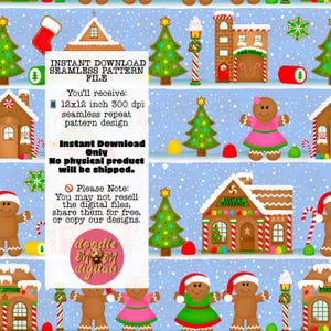 May include: A digital seamless pattern with gingerbread houses, gingerbread people, Christmas trees, and candy canes on a light blue backdrop. The pattern includes the text "Instant Download Seamless Pattern File". The design is 30.48 x 30.48 cm.