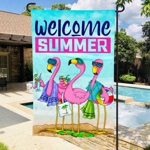 Flamingo, Strand, Sommer, Niedlich, Außen, Dekoration, Garten Flagge, Zuhause, Willkommen, Sublimation, Digital, PNG, Design, Download, Bestseller