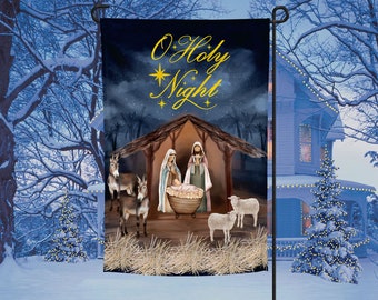 O Santa Notte, Natale, Natività, Gesù, Bandiera da giardino, Sublimazione, Digitale, PNG, Design, Download, Decorazione, Cristiano, Festa, Maria