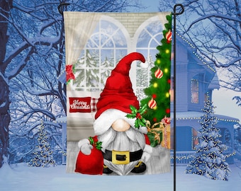 Natale, Gnomo, Babbo Natale, Albero, Inverno, Bandiera da giardino, Sublimazione, Digitale, PNG, Design, Solo download, Decorazione, Festa, Bandiera da giardino, Esterno