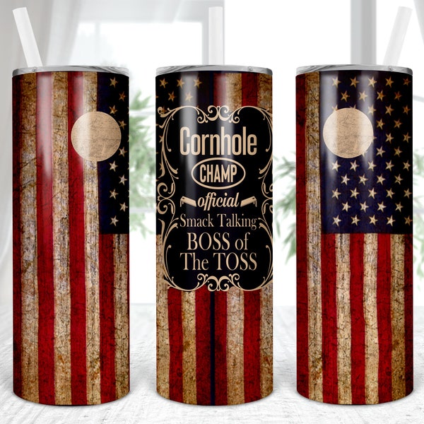 Cornhole, Champ, Distressed Flag, Straight, Sublimation, Digital, PNG, Design,Straight, Seamless, Download, 20 oz, Skinny, Tumbler, Wrap