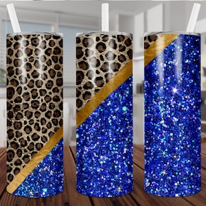 Blue Glitter Cheetah Print 20oz Skinny Tumbler Wrap (Digital PNG)