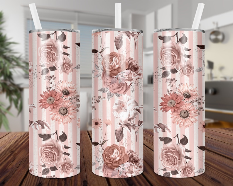 Stripe 20 oz Skinny Tumbler Sublimation Floral Pink PNG Design Download Digital Rose,Straight /& Tapered