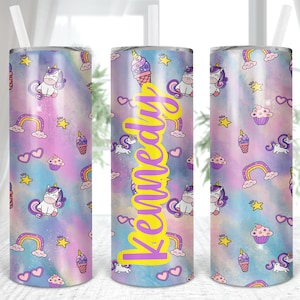 Unicórnio, Fofo, Adolescente, Menina, Rosa, Colorido, Sem Costura, Reto, Sublimação, Digital, PNG, Design, Download, Copo Skinny de 20 onças, Wrap