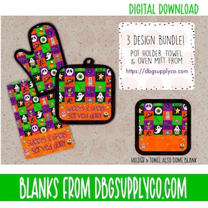 May include: A Halloween-themed kitchen set includes an oven mitt, pot holder, and towel. The set features a colorful pattern with ghosts, bats, and candy corn. The text "Sweets & spells served daily" is displayed on the pot holder and towel.