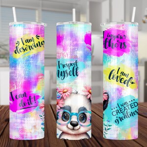Dagelijkse affirmaties, Inspirerend, Panda, Kleurrijk, 30 ounce, Mager, Recht, Sublimatie, Digitaal, Ontwerp, PNG, Downloaden, Wrap, Tumbler