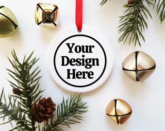Christmas Ornament Mockup, White Ceramic Ornament, Red Ribbon Ornament Mockup, White Ornament Mockup, Mockup for Christmas