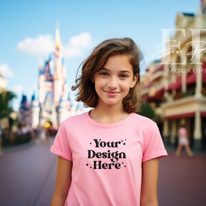 Może przedstawiać: Młoda osoba w różowej koszulce z napisem "Your Design Here" w kolorze czarnym. Osoba stoi przed rozmytym tłem parku rozrywki.