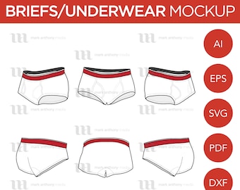 Briefs/Underwear - Mockup and Template - 6 Angles, Layered, Detailed and Editable Vector in eps, svg, ai, png, dxf and pdf