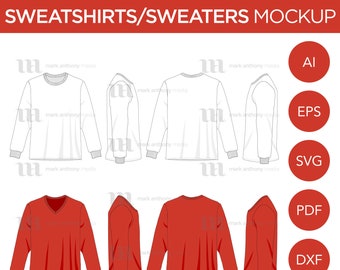 Sweatshirts & Sweaters - Mockup and Template - 8 Angles, 2 Styles, Layered, Detailed  Vector in eps, svg, ai, png, dxf and pdf