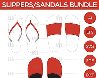 Slippers/Sandals/Slides - Mockup and Template - 2 Angles, 3 Styles, Layered, Detailed and Editable Vector in EPS, SVG, AI, png, dxf and pdf