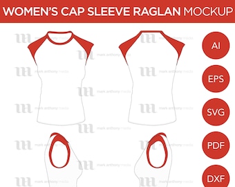 Raglan Women's Cap Sleeve/Sleeveless Shirt  - Mockup and Template -  Layered, Detailed and Editable Vector in eps, svg, ai, png, dxf and pdf