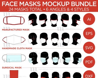 Face Masks & Neck Gaiter Bundle - Mockup and Template  - 6 Angles, 4 Styles, Layered and Editable Vector in eps, sag, ai, png, dxf and pdf