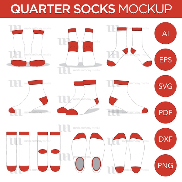 Quarter Ankle Socks - Mockup and Template - 11 Angles, Layered, Detailed and Editable Vector in eps, svg, ai, png, dxf and pdf