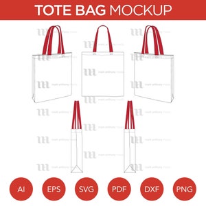 May include: A mockup of a white tote bag with red handles. The bag is shown in different views, including front, side, and back. The bag is a blank canvas for customization.