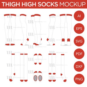Thigh High Socks - Mockup and Template - 11 Angles, Layered, Detailed and Editable Vector in eps, svg, ai, png, dxf and pdf