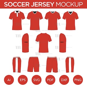 May include: A mockup of a red soccer jersey with white trim. The jersey is shown in different views, including front, back, and side. The jersey is also shown with matching shorts. The image includes the text "SOCCER JERSEY MOCKUP".
