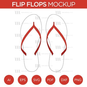 May include: A mockup of a pair of white flip flops with red straps. The flip flops are isolated on a white background.