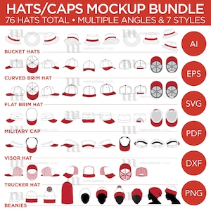 Hats/Caps Bundle - Mockup and Template - 76 Hats, Multiple Angles, 7 Styles, Layered and Editable Vector in ai, pdf, eps, png, dxf and svg
