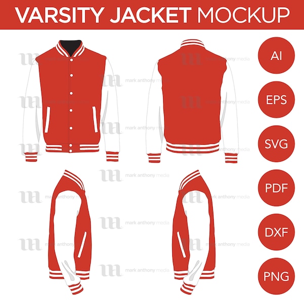 Varsity Jacket - Mockup and Template - 4 Angles, 1 Style, Layered, Detailed and Editable Vector in EPS, SVG, AI, png, dxf and pdf