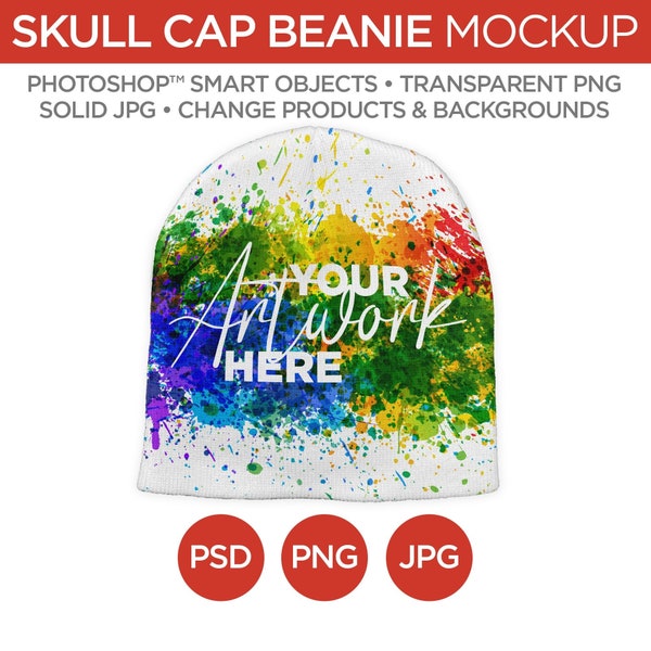 Skull Cap Beanie Mockup & Template - | Smart Object PSD, JPG, PNG formats | 1 Angle, Layered, Editable | Add your own image | V1