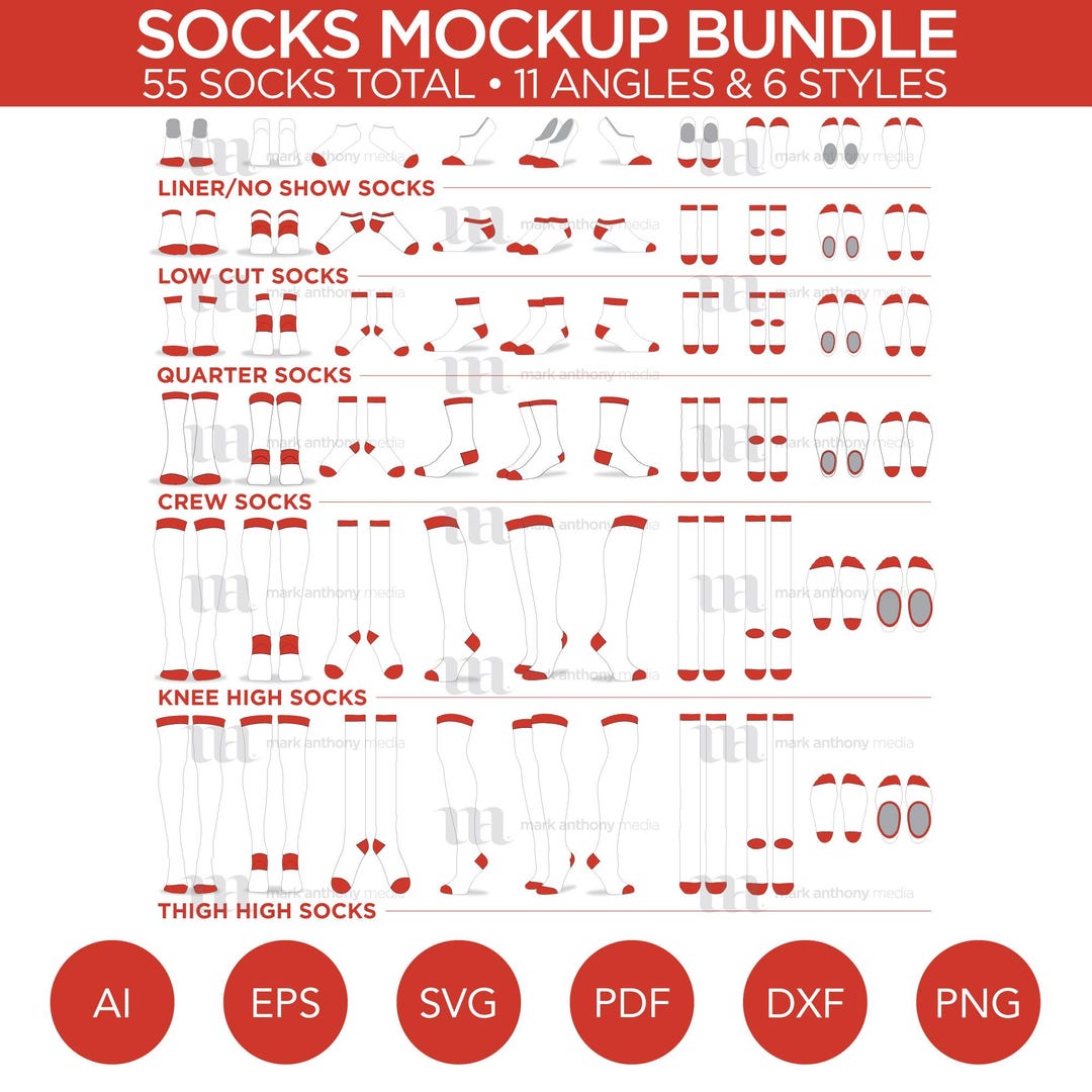Socks Module Vector Socks Bundle - Mockup and Template - 55 Total, 11 Angles, 6 Styles ...