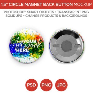 1,5 Zoll Kreis Button Magnet Mockup & Template | Smart Objekt PSD, JPG, PNG Formate |  2 Winkel, Geschichtet, Bearbeitbar | Fügen Sie Ihr eigenes Bild hinzu