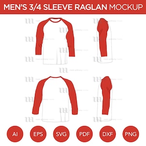 May include: A white and red raglan t-shirt mockup with 3/4 sleeves. The shirt is shown in two views: front and side. The sleeves are red and the body of the shirt is white.